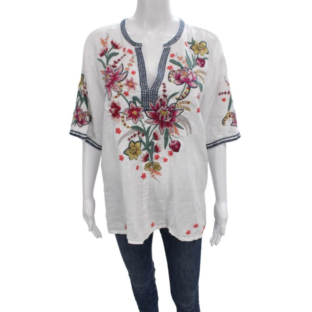 Johnny Was Womens Tunic V Neck Floral White Short Sleeve Size L